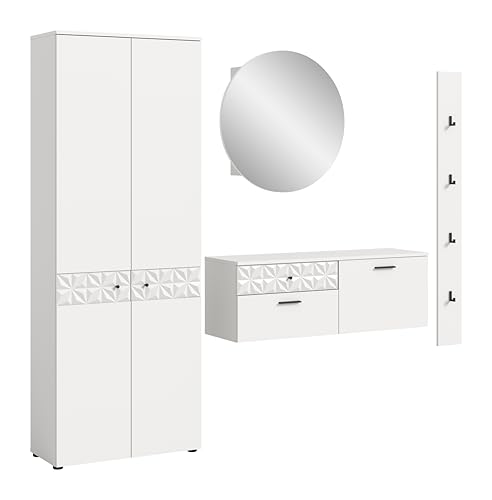xonox.home Garderobe Prisma 4tlg. Set Garderobenkombination Garderobenschrank Garderobenmöbel Flurmöbel-Set Flursystem Stauraumlösung in weiß Absetzung weiß Hochglanz Tiefzieh xonox.home Garderobe Prisma 4tlg. Set Garderobenkombination Garderobenschrank Garderobenmöbel Flurmöbel-Set Flursystem Stauraumlösung in weiß Absetzung weiß Hochglanz Tiefzieh