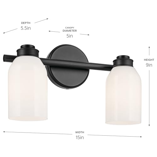 Image of Kichler Shae 2-Light Bathroom Vanity Light, Black | White opal glass vanity light for modern bathroom mirrors (15 inch x 9 inch), 55201BK
