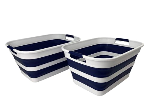 Image of SAMMART Collapsible Plastic Laundry Basket with Handle /Foldable Pop Up Storage Hamper /Portable Laundry Organizer-Space Saving Washing Tub /Household Storage (White /Starry Blue, 27L (Set of 2))