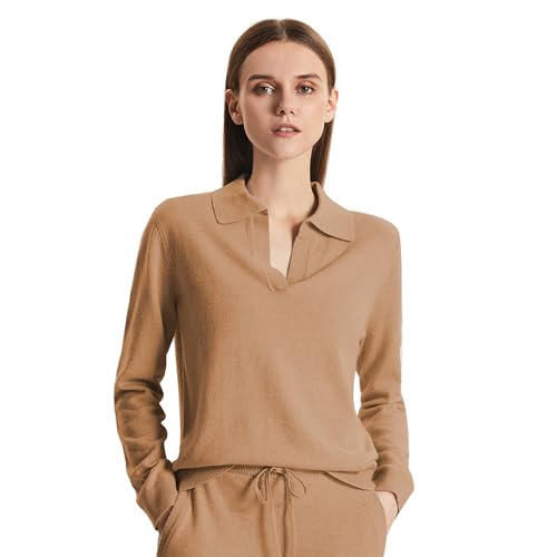 GreenMount Womens Super Lightweight Worsted Deep V-Polo Cashmere Sweater Pullover
