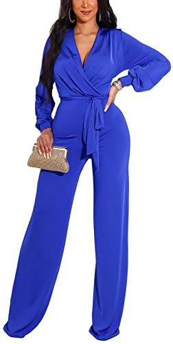 Image of shengfan Formal Jumpsuits for Women Dressy Evening Sexy Deep V Neck Plus Size Long Wide Leg Pants Rompers Clubwear