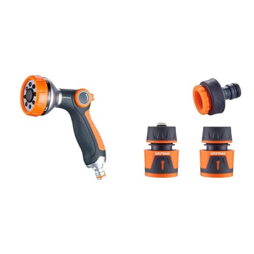 GRIFEMA, GE1303 Pistola de Riego, Pistola de Agua para Jardín, 8 Modos Ajustables & GE1103 Kit de Conector de Manguera de Jardín Que Incluye Conector Waterstop de 1/2"