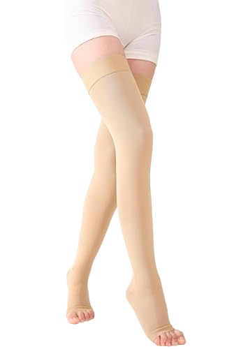 Image of TOFLY 1 Pair Thigh High Open Toe Compression Stockings 15-20mmHg-Comfortable Unisex Design with Silicone Dot Band -Beige, X-Large