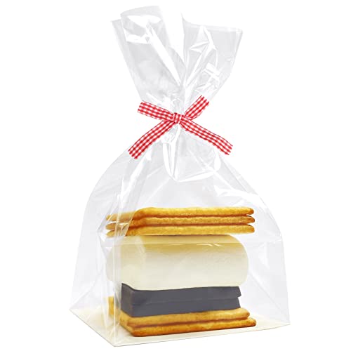 Smores Bags, 4x2x8 Inch Gusseted Flat Bottom Cellophane Bags with Paper Insert, 100 Pieces