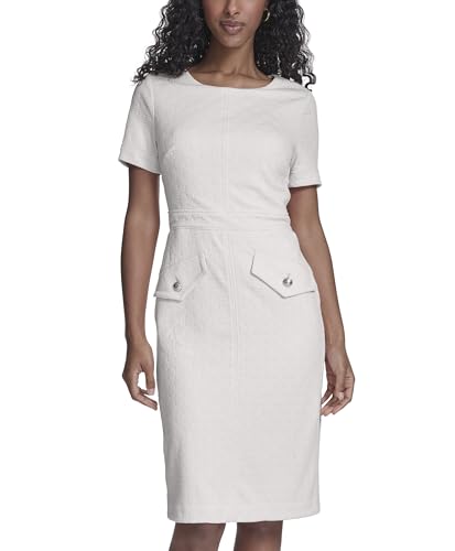 Image of Tommy Hilfiger Women's Short Sleeve Round Neck Novelty Button Tweed Mini Sheath Dress