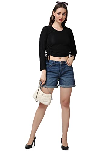 Image of POPWINGS Casual Self Design Regular Fit Polyester Full Sleeves Crop Tops for Women with Crush String