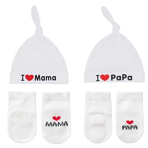 ZORVYN 2 Set Cappellini Neonato, Calzini Neonato, Cappellini 'Amo Mamma e papà', Unisex in Cotone, Regali per Battesimo e Natale (0-3 Mesi)