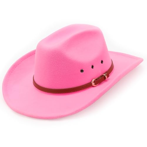 Image of DRESHOW Cowboy Hat for Women and Men Western Felt Cowboy Cowgirl Hat Wide Brim Belt Buckle Retro Fedora Hats Unisex Caps