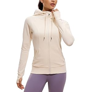 CRZ YOGA Women’s Full Zip Hooded Sweatshirts Workout Sweat Jackets Slim Fit Running Track Hoodies with Thumbholes