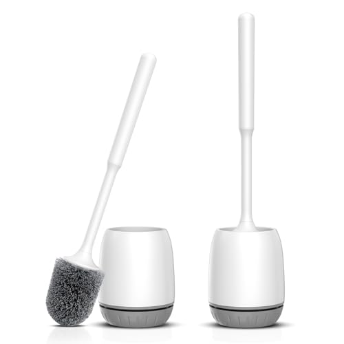 EZKEY Toilet Brush 2 Pack Toilet Bowl Brush and Holder Set Ergonomic Long Handle Toilet Scrubber with Ventilated Base for Quick Drying for Bathroom Cleaning White & Gray