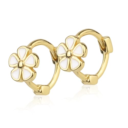 Hoop Earrings, Daisy Earrings, Girls Hoop Earrings, Children, Small Floral Huggie Earrings for Teenagers, Babies, Girls, Women, 0.35 Inch/0.9cm, Silver, No Gemstone