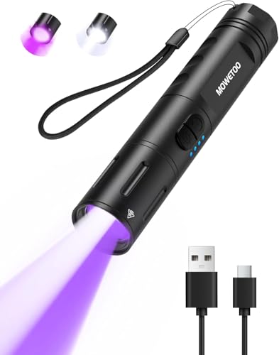 MOWETOO Type-c Rechargeable Torch 2 in 1 UV Torch with 6Modes Black Light 395nm Waterproof Adjustable Focus Super Bright LED for Camping Hiking Pet Urine Scorpion etc Powerful and mini Flashlight.