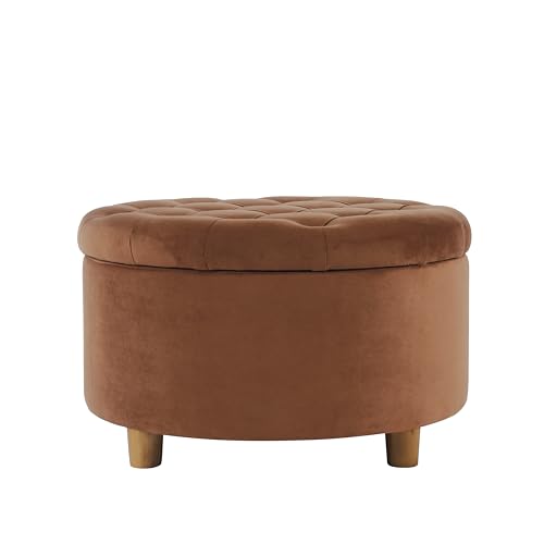 Image of HomePop 28 inch Button Tufted Velvet Round Storage Ottoman - Spice Orange Velvet