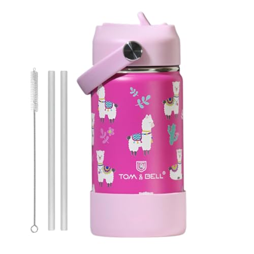 Image of TOM & BELL Insulated Water Bottle for Kids 350ml,Double Wall Water Bottle for School, Sipper Bottle,Hot and Cold, Premium 304 Stainless Steel, with silicon bottom sleeve(Alpaca350, 350 ml)
