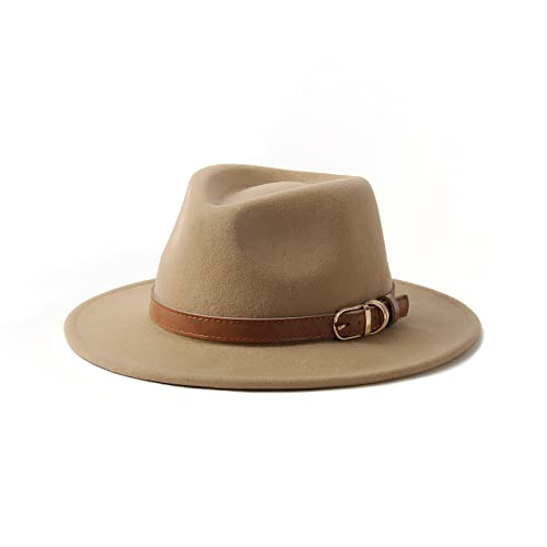 Classic 100% Wool 1920s Gatsby Gangster Fedora Hat for Men and Women in khaki felt material with brown band and metallic buckle