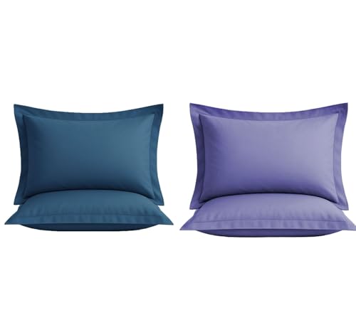 Image of VAS COLLECTIONS Premium Pillow Cover Set of 4 Piece | 210 TC 100% Pure Cotton | Solid Color Hotel Quality Pillow Covers, Hotel & Hospital Use | 18 x 28 Inches (1, Solid Blue & Lavender)