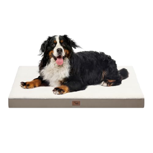 Image of Dog Crate Bed Washable Dog Beds for Large Dogs, Big Waterproof Orthopedic Dog Bed with Egg Crate Foam Pet Bed Mat, Removable Oxford Cooling Cover, Khaki White