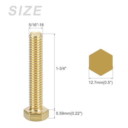 Image of METALLIXITY Hex Head Screw Bolt (5 /16-18x2) 5Pcs, Brass Fully Threaded Solid Brass Hex Bolts Machine Screws - for Machinery Repair