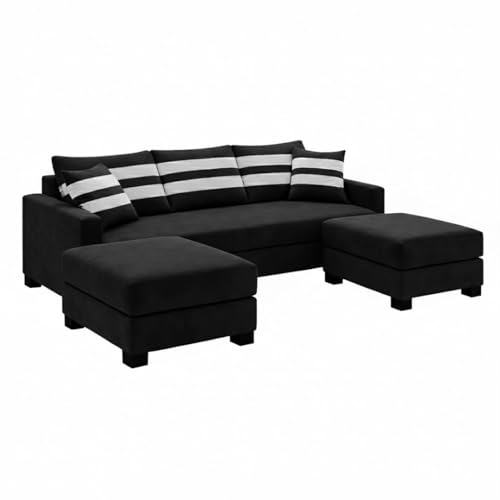 Image of Kassian Rich Velvet Suede 3 Seater Sofa Set with 2 Ottomans | Spacious Soft Touch Comfort Seating | Modern Sofa for Living Room (Black)