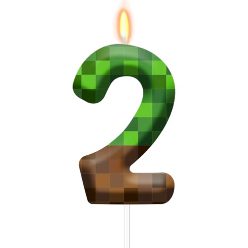 Pixel Birthday Candles, Miner Number 2 Candle Cake Topper for Birthday Party Cake Decoration, Reunions Theme Party Supplies