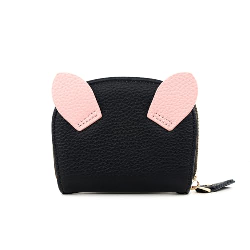 Cute Credit Card Holder Wallets for Women Large Storage Space Accordion Zipper Card Case Holder (Black Pink)2