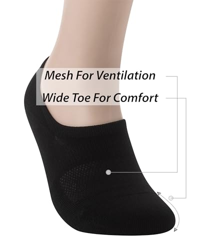 Pro Mountain No Show Socks Women Wide Toe Box For Health Y Heel Forefoot Size M Black + White 8 Pack Cotton Cushion Footies Sneakers US Shoe 8-10