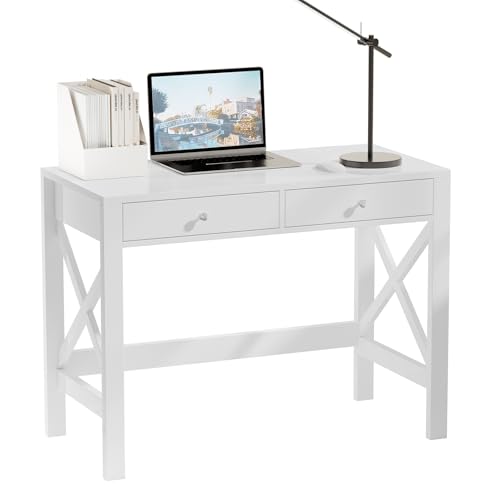 ELUREVIA Schreibtisch mit Schubladen, Computertisch aus Holz mit Stauraum, Bürotisch für Homeoffice und Schlafzimmer, Weiß