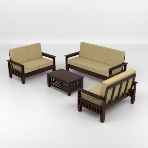 Image of Solid Sheesham Wood 7 Seater Sofa Set for Living Room | Premium Wooden Sofa with Side Magazine Rack | High-Density Cushioned Fabric Seats | Modern Solid Sheesham Wood Furniture