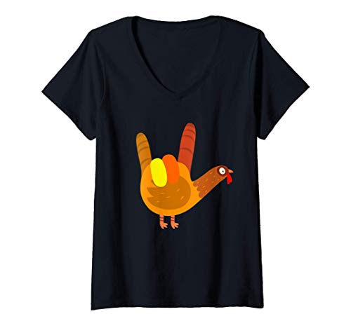 Mujer ASL Thanksgiving I Love You American Sign Language Turkey Camiseta Cuello V
