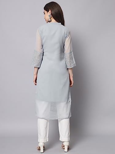 Image of Ekasya Women's Georgette Embroidered Work Kurta with Notch Neck 3 /4 Sleeves Straight Cut Calf Length | E1547
