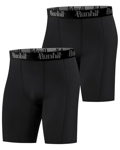 Runhit Compression Shorts Men 1 or 2 Pack Anti Chafing Moisture Wicking Underwear Base Layer Shorts Quick Dry Spandex Sport Leggings Undershorts for Running Cycling Gym Rugby Workout Black*2 L