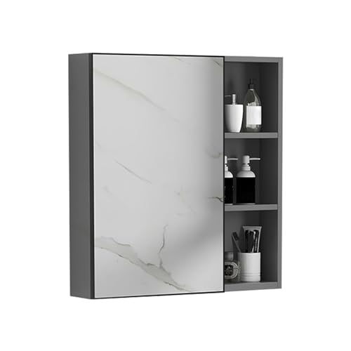 Botiquín de pared con espejo gris para medicamentos, 55 x 65 x 11 cm, cuenta con una puerta y estantes para almacenamiento en el baño. Solución elegante y funcional para medicamentos.