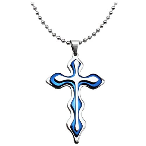 com-four® necklace curve cross - collar con cadena fina de metal y colgante en forma de cruz - joyería cotidiana para mujeres y hombres (Cruz - color azul/plata)