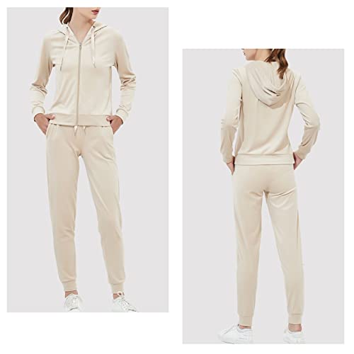 Liki Swan Women's 2 Piece Velour Tracksuit Set Long Sleeve Hoodie Sports Jogging Pants Set With Pockets Sweatsuits Beige L #TOP2