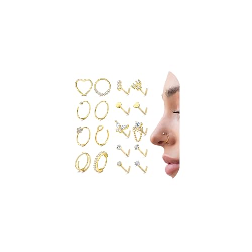 THUNARAZ 18g 20g Hypoallergenic Stainless Steel Nose Rings Hoop L Shape Nose Studs Cute Heart Square CZ Nose Bone Screw Nostril Piercing Jewelry for Women Men Silver 14K Gold Filled