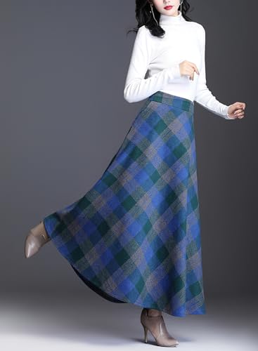 Women's Winter Warm Wool Plaid High Waist A-Line Drape Pleated Maxi Skirts with Pockets3