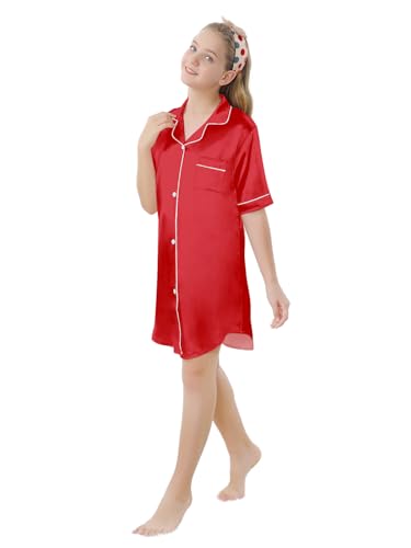 Image of Schbbbta Girls & Women Silk Nightgown, Short Sleeve Button Down Satin Nightshirt Pajama House Dress, 3 Years- Women 2XL