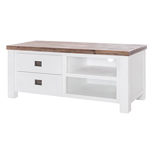 MÖBEL IDEAL TV Board Lyron I Lowboard im Landhausstil aus Massivholz I B120 x H52 x T50 cm - Oberfläche in Braun & Weiß lackiert Cover