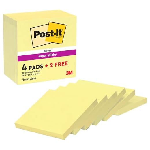 Post-it Super Sticky Notas, Canary Yellow, 76 mm x 76 mm, 90 hojas/bloc, 4 blocs/paquete + 2 GRATIS - Notas Extra Adhesivas para Listas de Tareas y Recordatorios