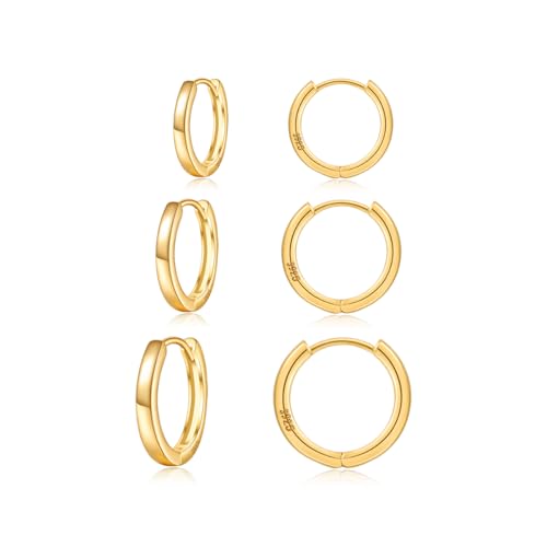 JEMARA Gold Hoops Earrings for Women 14K Gold Plated Hoop Earrings Hypoallergenic Small Gold Hoops Cartilage Sleepers Huggie Gold Earrings for Women (3 Pairs)