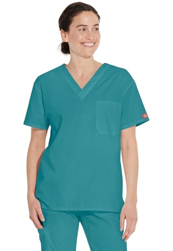 Dickies Unisex V-Neck Scrub Top, Teal Blue, Small