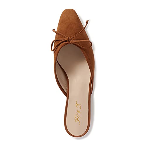 FOWT Women Low Heel Closed Almond Toe Slingback Mules,Two Toned Bow Knot Suede Slippers,Slip on Leisure Ladies Flats for Indoor Dating and Vacation,4-16 US Size