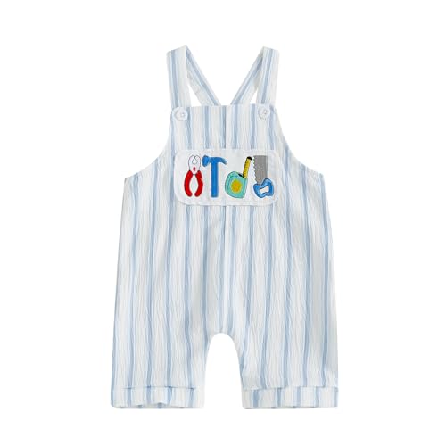 GINEVSAL Baby Boy Summer Overalls Sleeveless Square Neck Stripes Print Duck Sailboat Tool Suspender Romper Newborn Jumpsuit (Sky Blue, 3-6 Months)