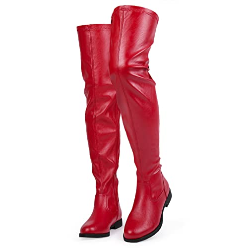 Tinstree Red Boots For Over The Knee Boots Leather Thigh High Boots For Women Wide Calf Flat Boots Knee High Sloch Boots Size,09 #TOP3