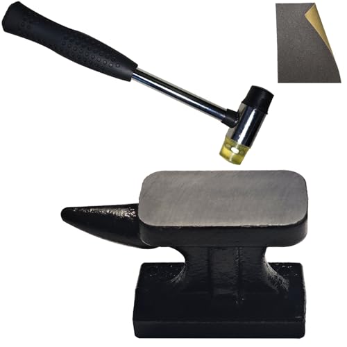 NewFe Mini Iron Horn Anvil & Hammer Set 1.1 lb Forged Iron Anvil with Rubber Hammer Jewelry Making Tools Bench Block for Metal Stamping Silversmith Blacksmithing Horn Anvil Bench Block & Hammer