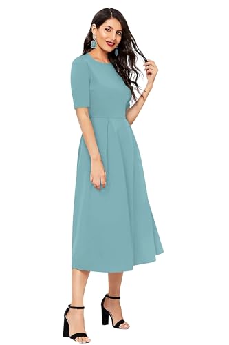 Image of LONDON BELLY Women's Regular Fit Polyester Blend Midi Flare Dress with Round Neck 3 /4 Sleeves Calf Length Solid Pattern and Pull On Closure Type |One Piece Dress for Women