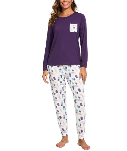 Image of GYS Bamboo Viscose Sleep Sets for Women Long Sleeve Crew Neck Pajama Sets with Pockets