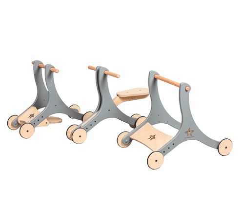 Image of 3-in-1 Convertible Wooden Walker, Cycle & Skater - Multi-Stage Ride-On for Growing Kids (Grey)