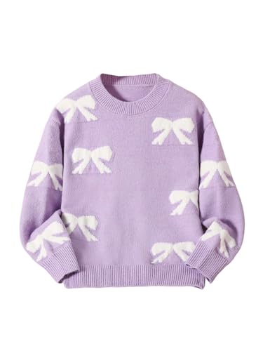 Image of BEAUDRM Girl's Cute Bow Sweater Crew Neck Long Sleeve Drop Shoulder Loose Pullover Tops