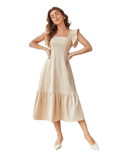 Shasmi Girl's & Women's Solid Beige Color Square Neck, Ruffle-Trimmed Hem Sleeveless, Ruffle Armhole and Casual Dress with Cinched Waist Vacation Outfits Woman (Dress 162 Beige-S)